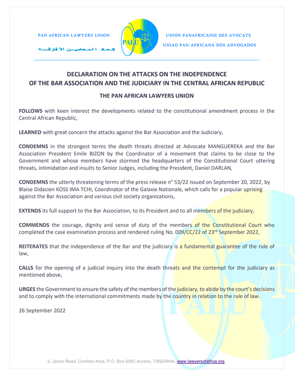Declaration on the Attacks on the Independence of the Bar Association and The Judiciary in The Central African Republic